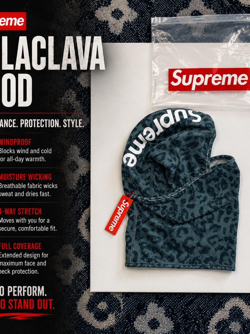 Supreme Leopard-Print Balaclava Hood in Black and Dark Gray heat reactive